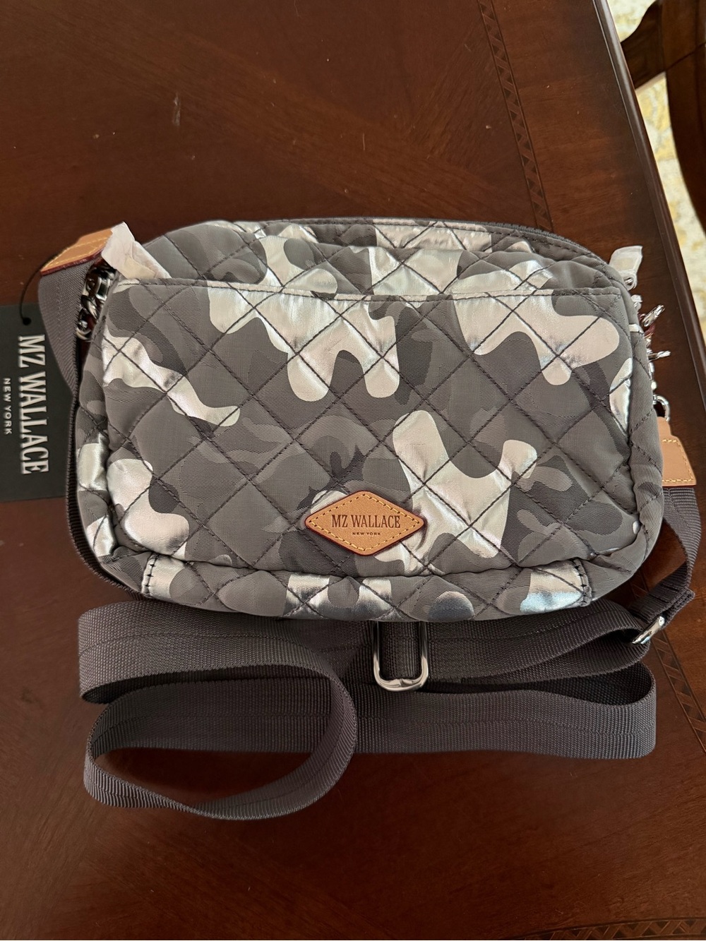 MZ Wallace Metro Camera Bag Small Silver Gray Camouflage Crossbody w/ Strap